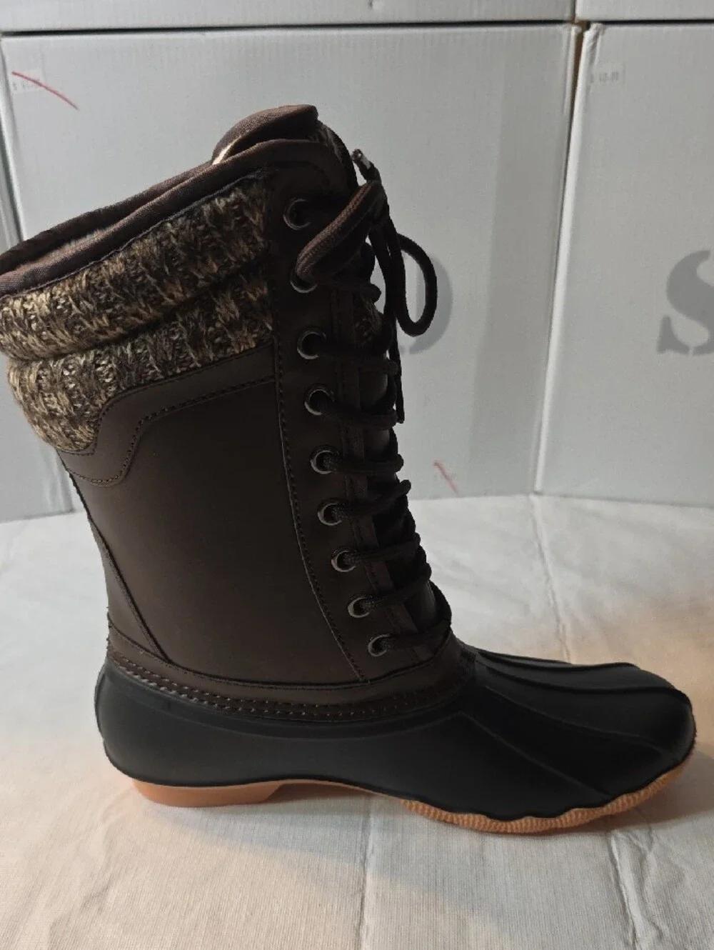 Women's Two-Tone Brown and Black Lace-Up Winter Rain Boots